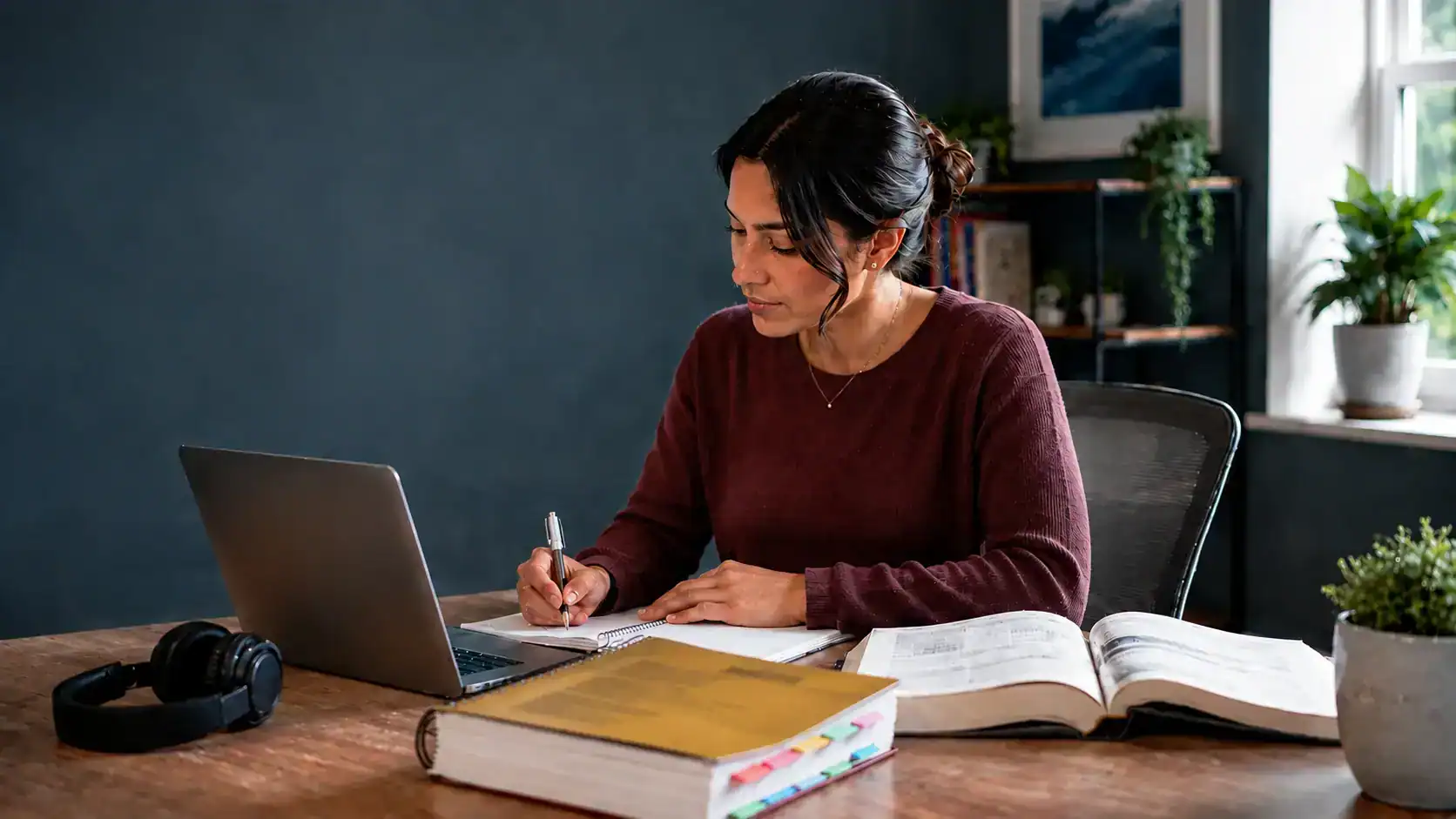 A learner studying medical coding with textbooks and a laptop